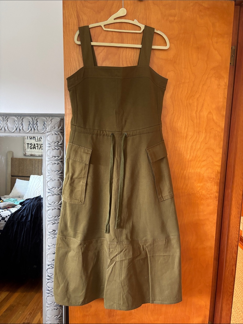 ME+EM Olive Green Square-Neck Pinafore Dress with Front Pockets